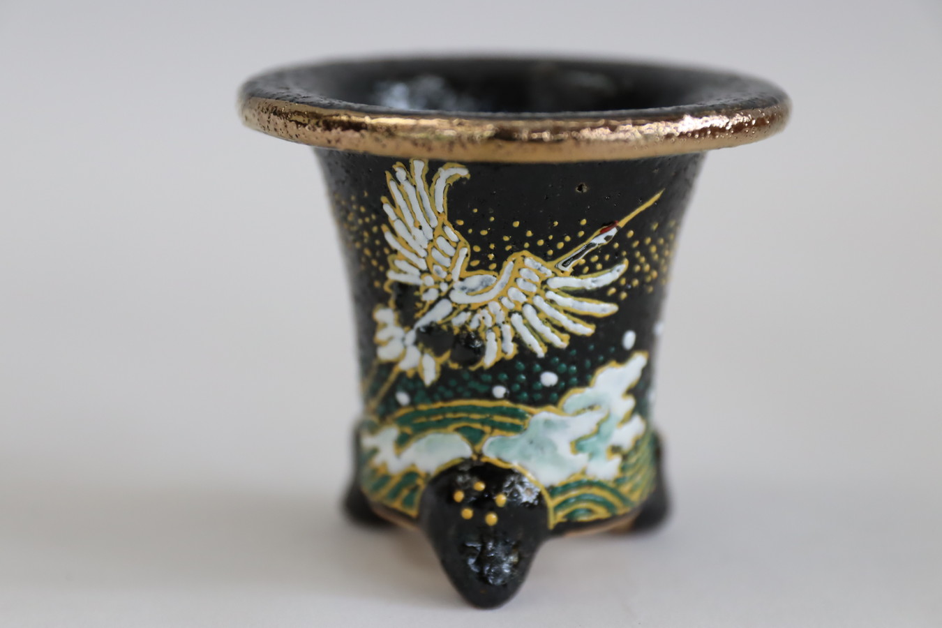 2008,ちび鉢・極　鶴に波 萬年青鉢 外径約5.9cm　高さ約5.1cm 職人造りのミニチュア鉢