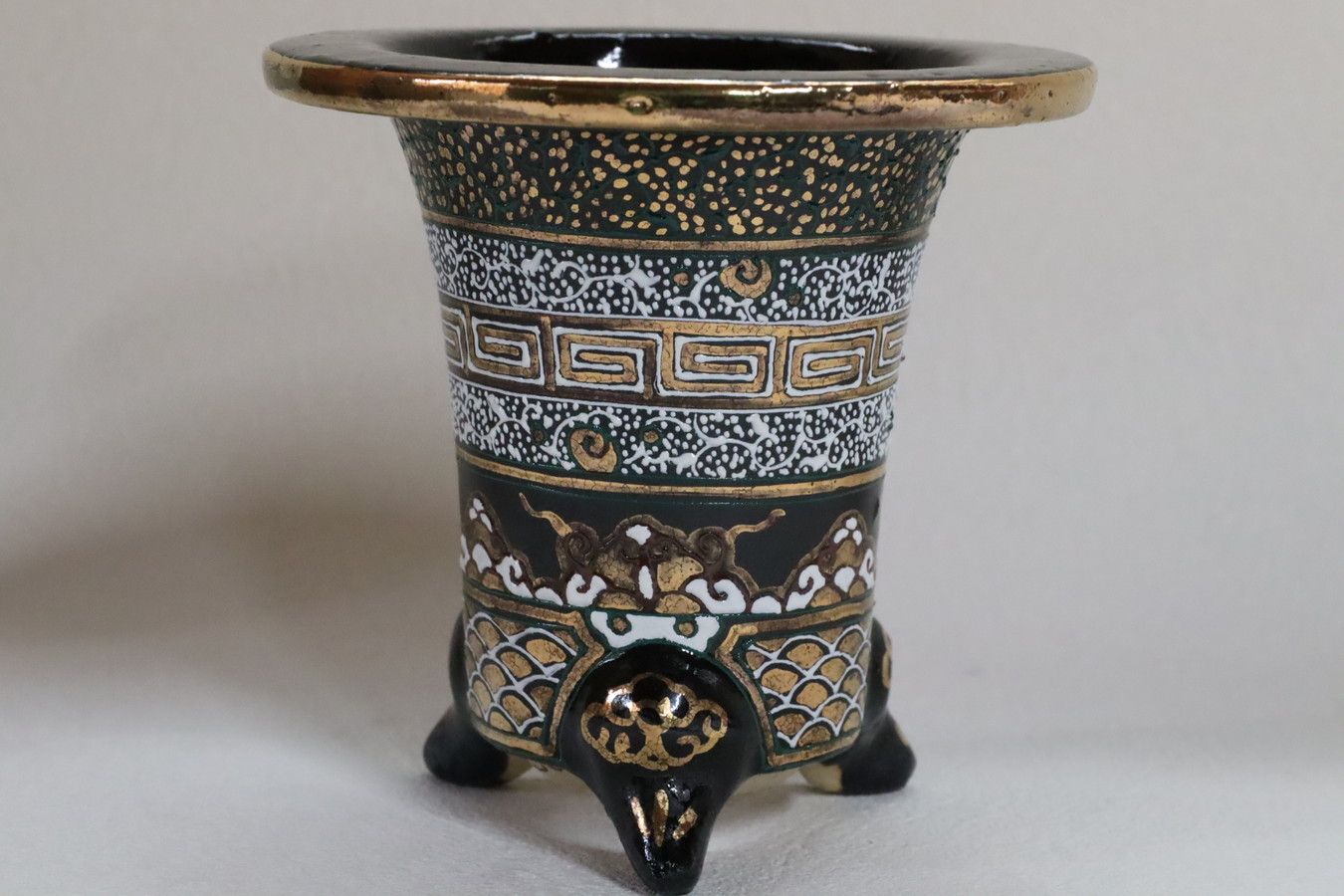 2233,加茂黒 雷紋吉祥 外径約10.4㎝ 華サイン 賀茂黒